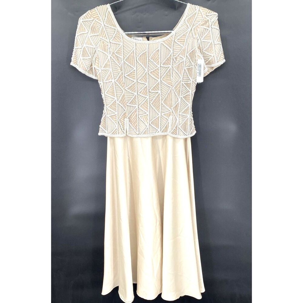 Vintage Stenay Silk Short Sleeve Beaded Bodice Formal Dress Champagne Sz 10
